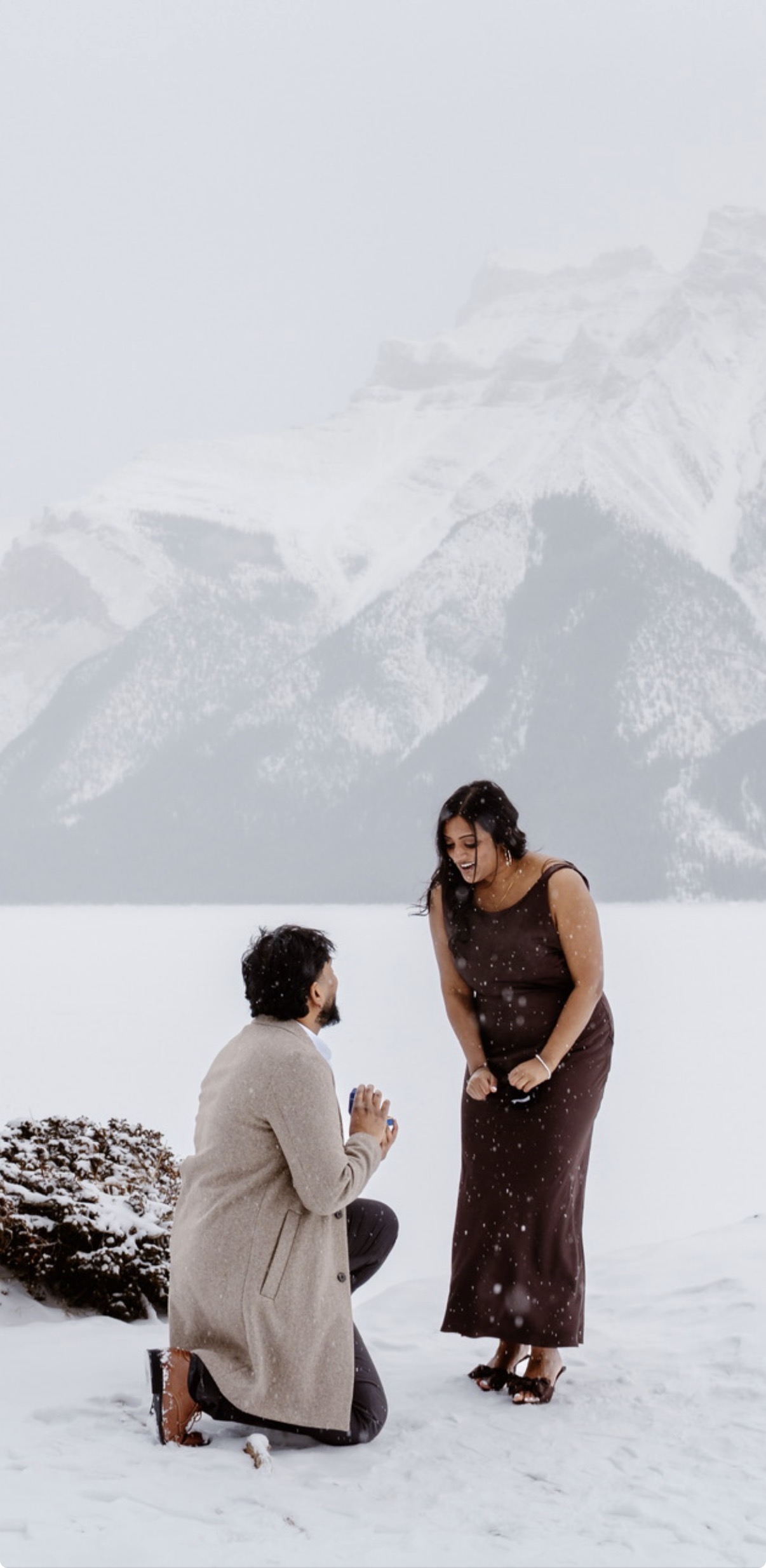 The proposal — down on one knee in the snow beneath the mountains